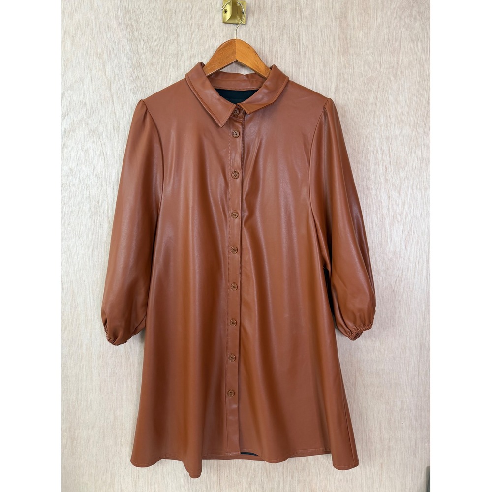Dolce Cabo Brown Faux Vegan Leather Puff Sleeve Button Down Mini Shirt Dress L
